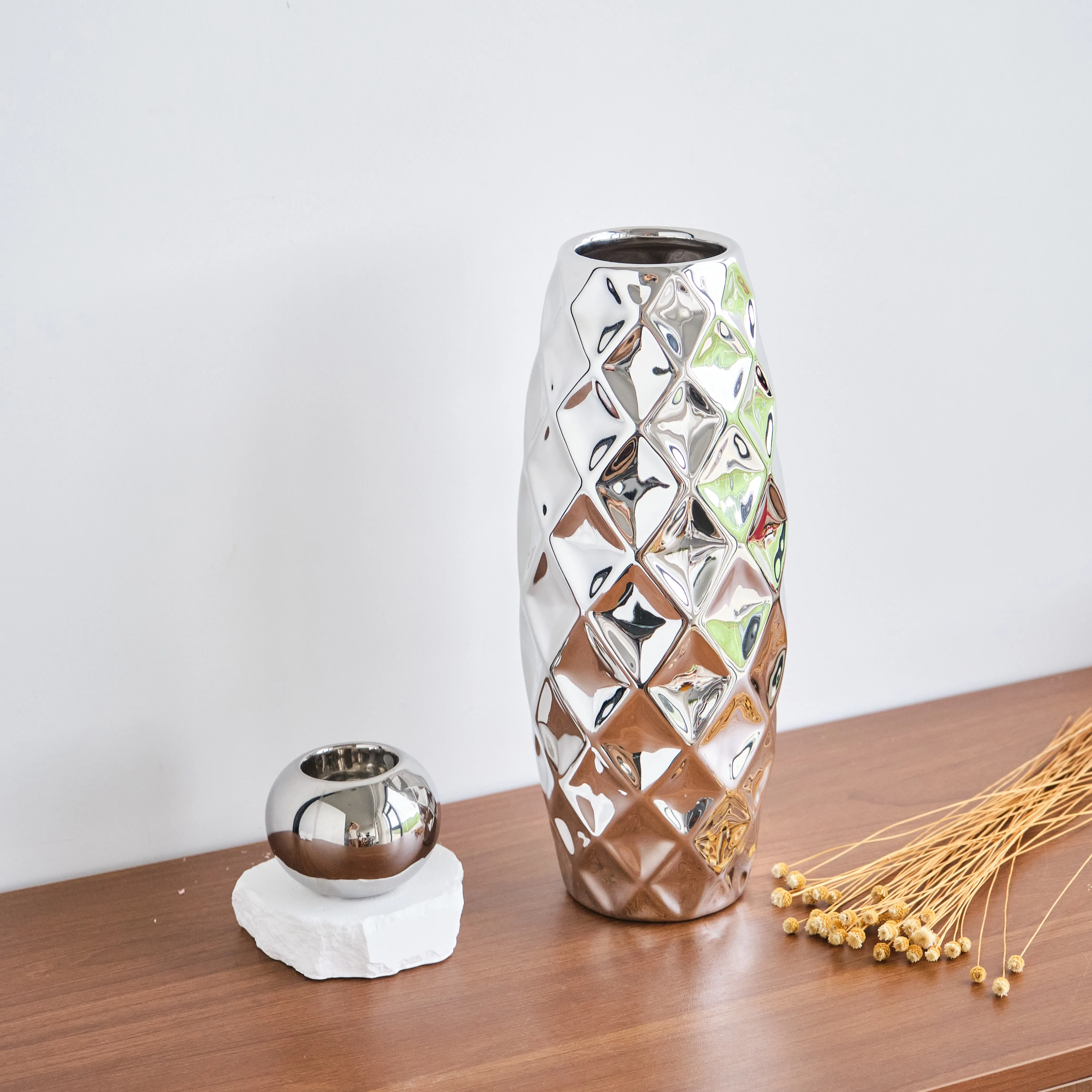 Wedding Ceramic Porcelain Home Decor Vase Luxury Electroplating Diamond Design Silver Vase