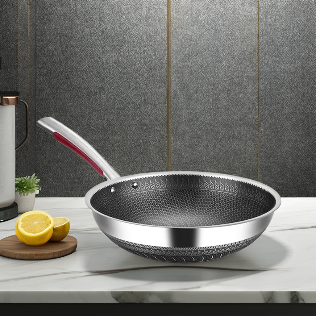 in Stock Three-Layer Stainless Steel and Glass round Non-Stick Wok Pan Modern Honeycomb Skillets for Restaurants