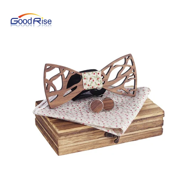 Wood Hollow Carved Cut Out Floral Gifts Wooden Bow Tie Set Mens Pocket Square Handmade