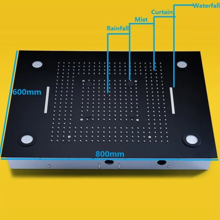Chrome/Black/Gold Luxury 600 * 800 mm spa shower ceiling rain Waterfall rain curtain spray massage Square smart led shower