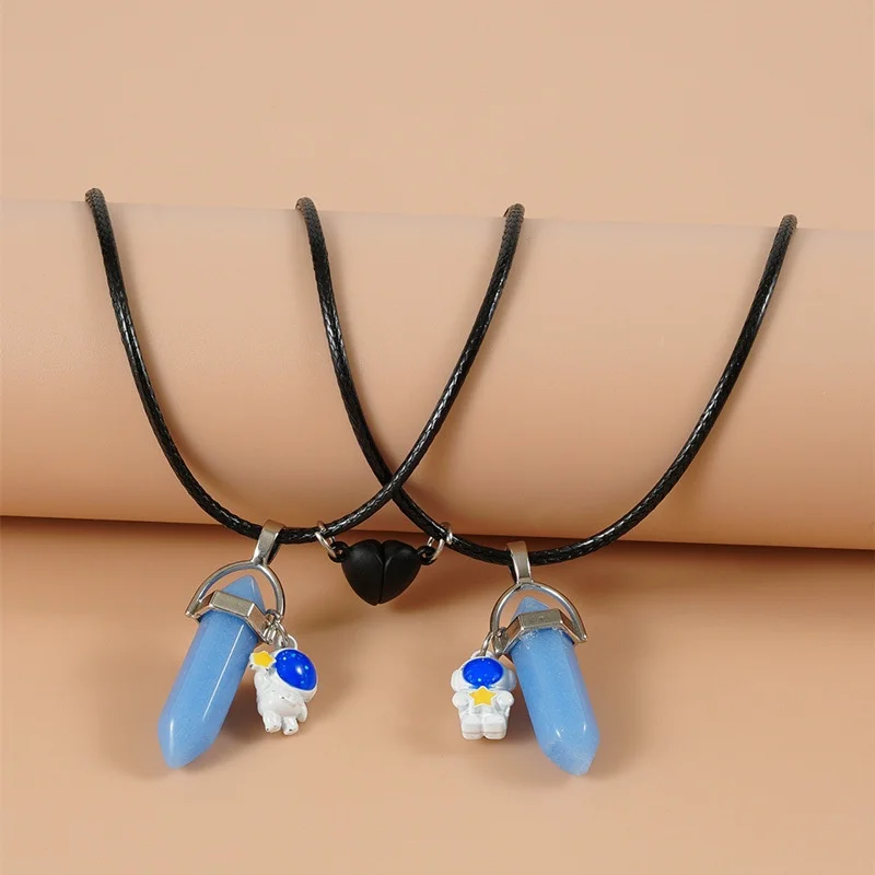2PCS Luminous Hexagonal Column Magnetic Couple Necklace for Women Men Romantic Geometric Pendant Astronaut Jewelry