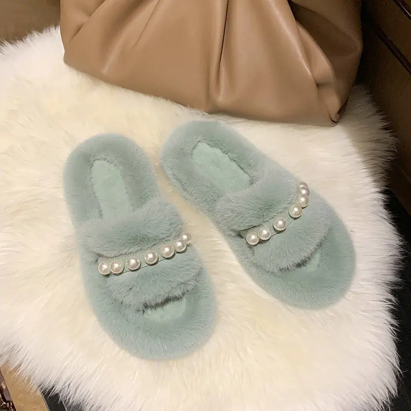 Cotton slippers wool slippers female outer wear net red autumn and winter cute pearl velvet home a word tide