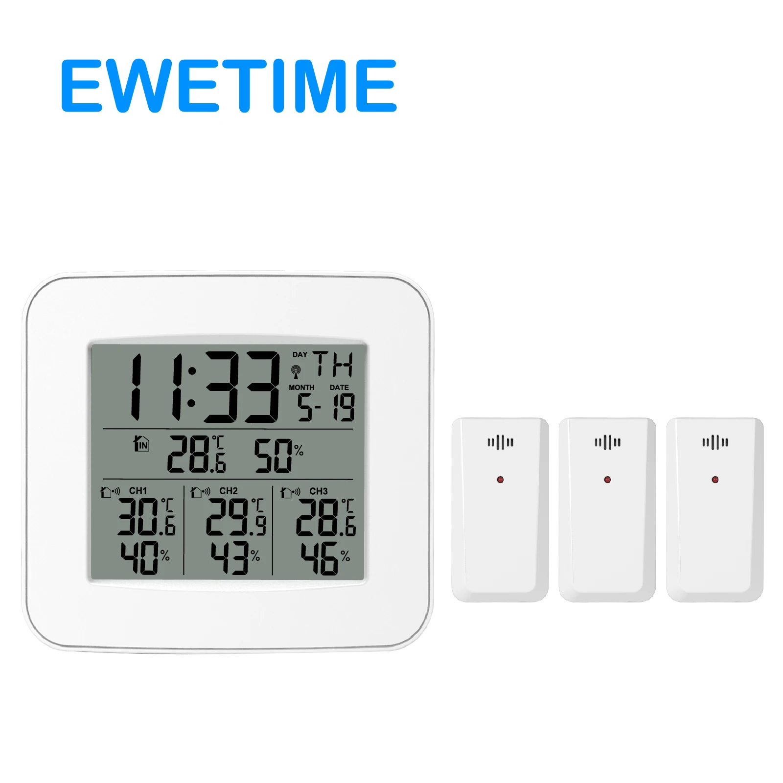 Digital thermometer with radio controlled time display indoor outdoor temperature humidity with three sensors for home warehouse