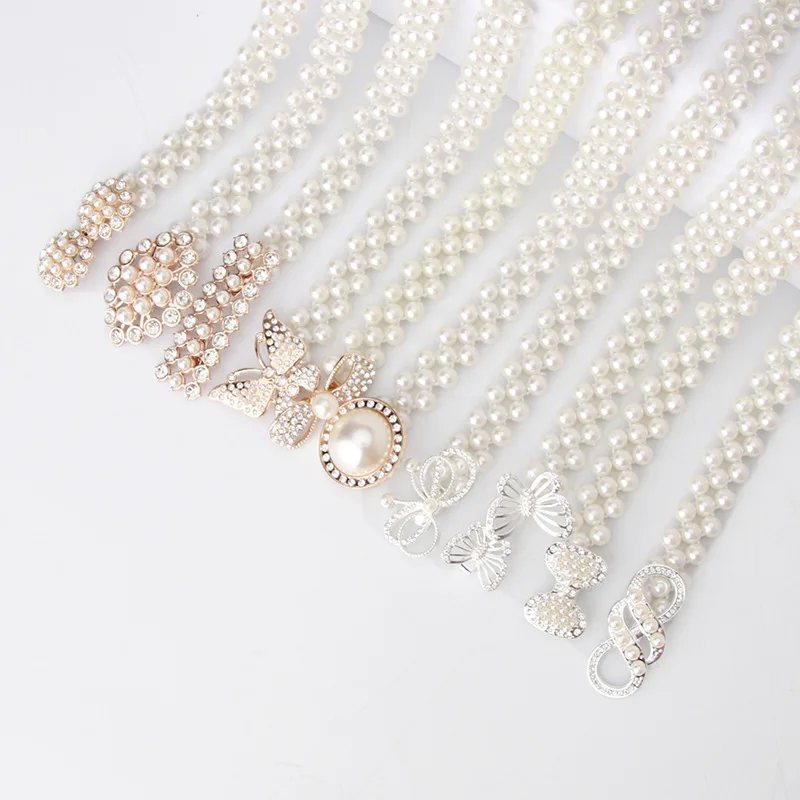 Wholesale Women Vintage Pearl Waist Chain Fashion Rhinestone Pearl Belt Elastic Beaded Belt for Women Dress Accessories