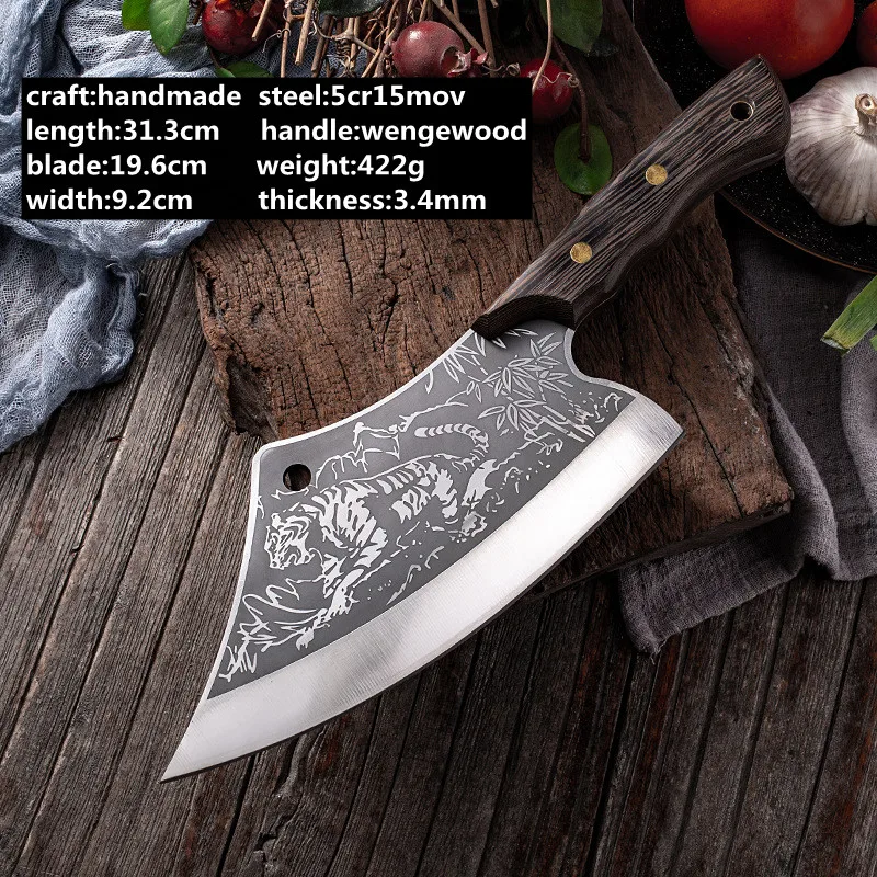 Full Tang Handmade 7.5 Inch Tiger Pattern Meat Carving Cooking Cleaver Kitchen Chinese Chef Choppping Knife With Cover Sheath