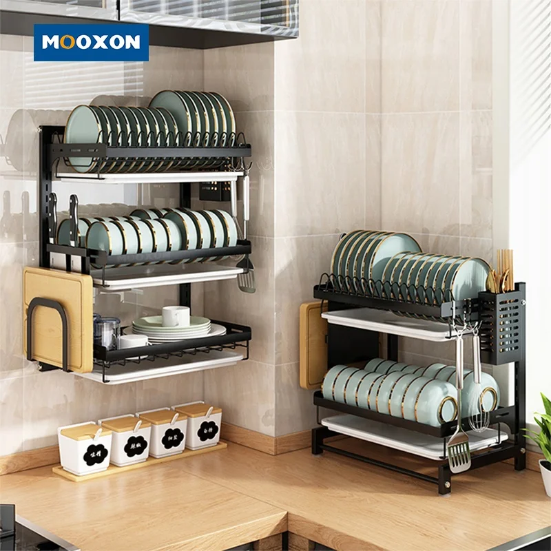 Wall Mount 2  Tier Plate Organizer Countertop Storage Stand Stainless Steel Bowl Drainer Dish Drying Rack With Cutlery Holder