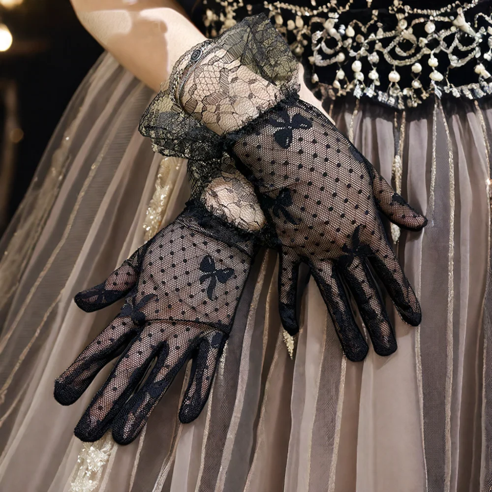 Fashion Short Wedding Bridal Gloves Black Nylon Fishnet Mesh Elastic Lace Wrist Gloves for Ladies women party gloves