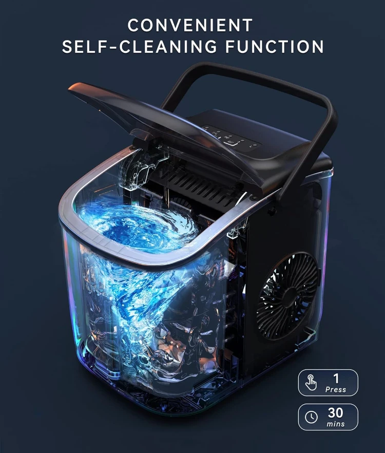 Ecozy Plastic Black 6 Minutes Fast Ice Making Portable Countertop Ice Maker with Self-cleaning Function
