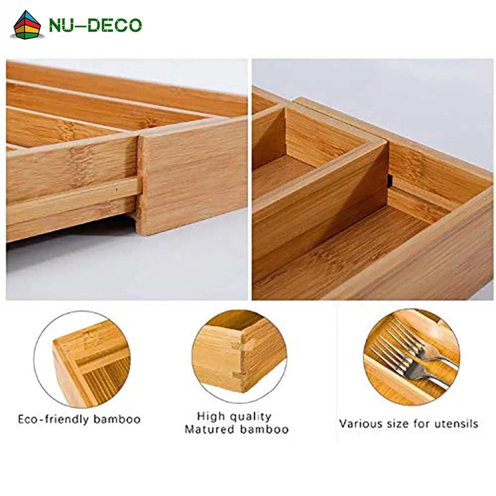 100% Натуральный Бамбуковый растягивающийся кухонный Регулируемый лоток для столовых приборов, ящик-органайзер с ножом-блоком