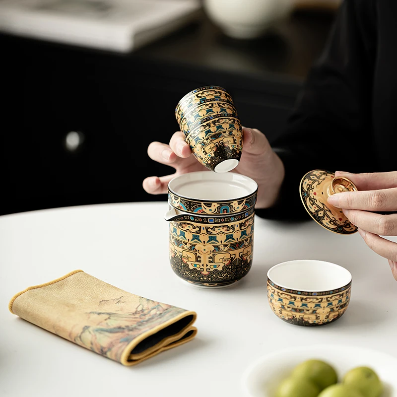 Retro Ceramic Thangka Travel Tea Set Portable Quick Cup Filter with Pot and Four Cups for Car Outdoors