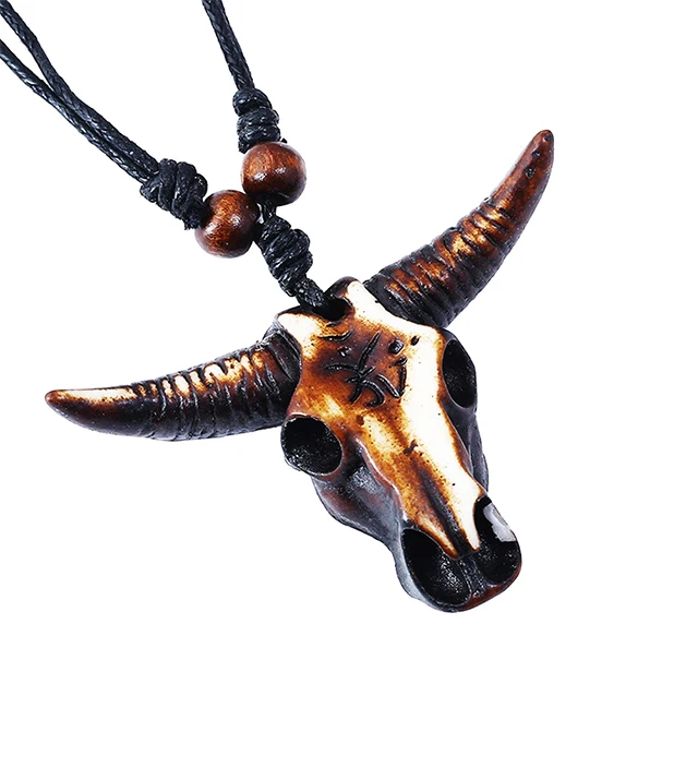 Cheap Mens Bull Bone Skull Necklace Pendant Brown