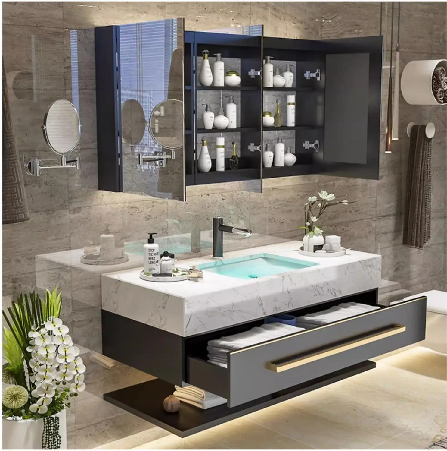 Modern european wall mounted wood bathroom vanity  set with double sink,Washbasin Cabinet