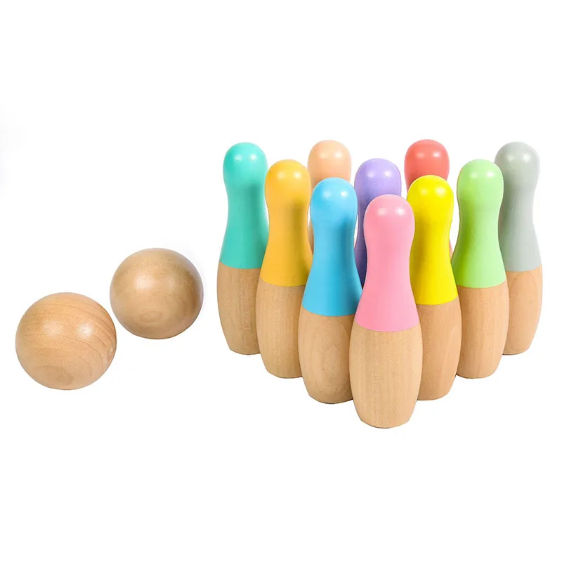 Kids Indoor and Outdoor Play Games Wooden Bowling Set Toys with 2 Balls and 10 Balls