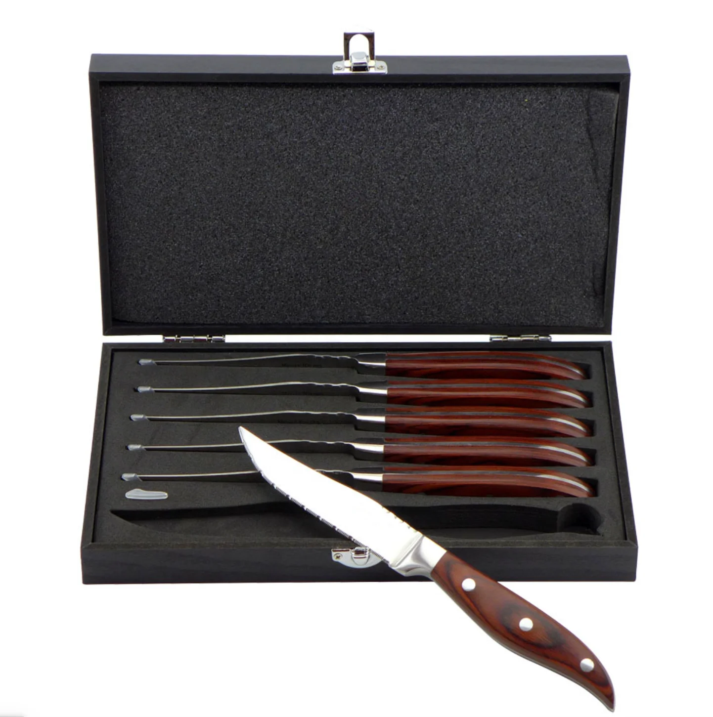 6 Piece Steak Knife Set Sharp Serrated Blade knives With Laguiole Style Wood Handle