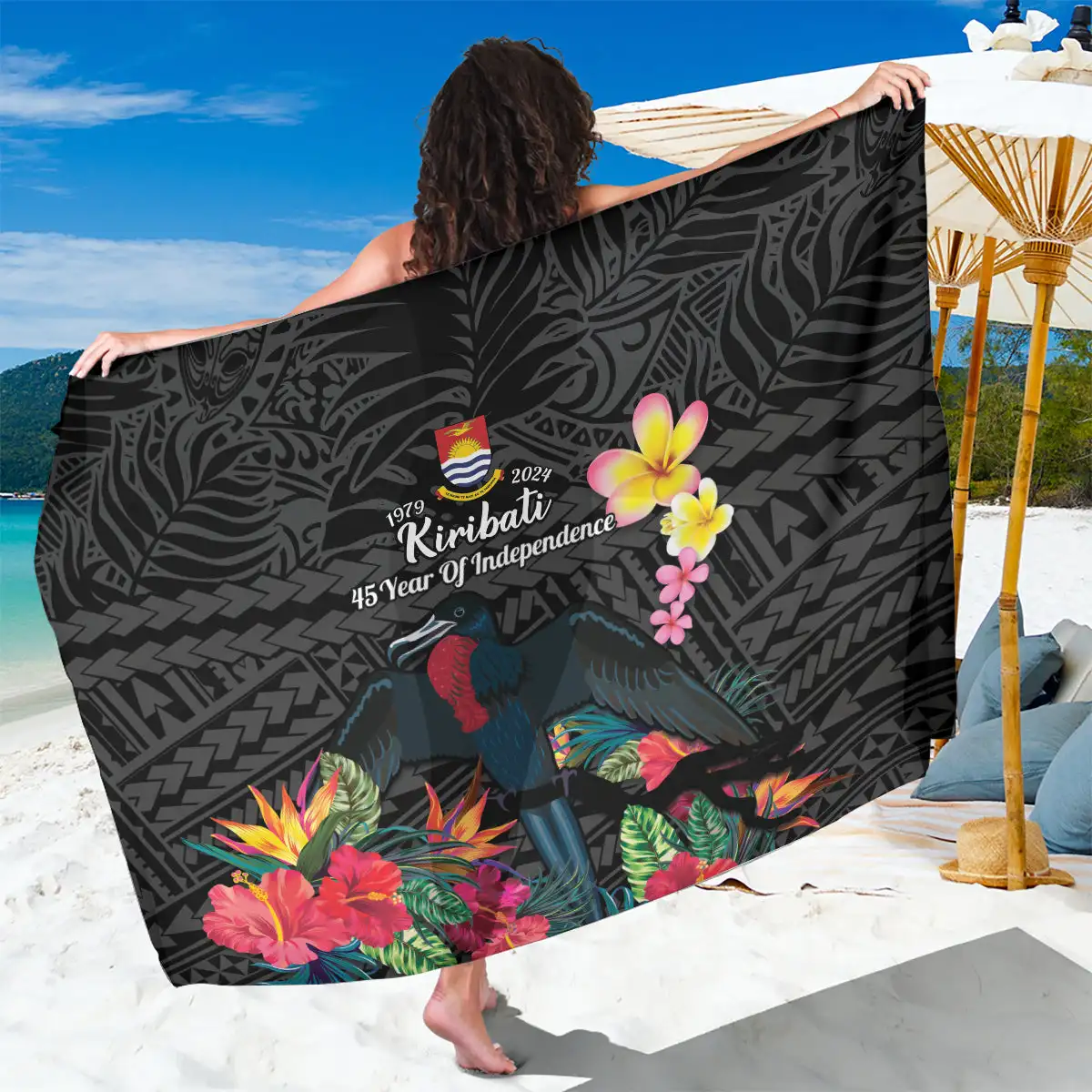 Kiribati Sarongs Bikini Cover Up Beach Shawls Swimming Wear Frigatebird Mix Tropical Flowers Black Style Custom Pareo Sarong
