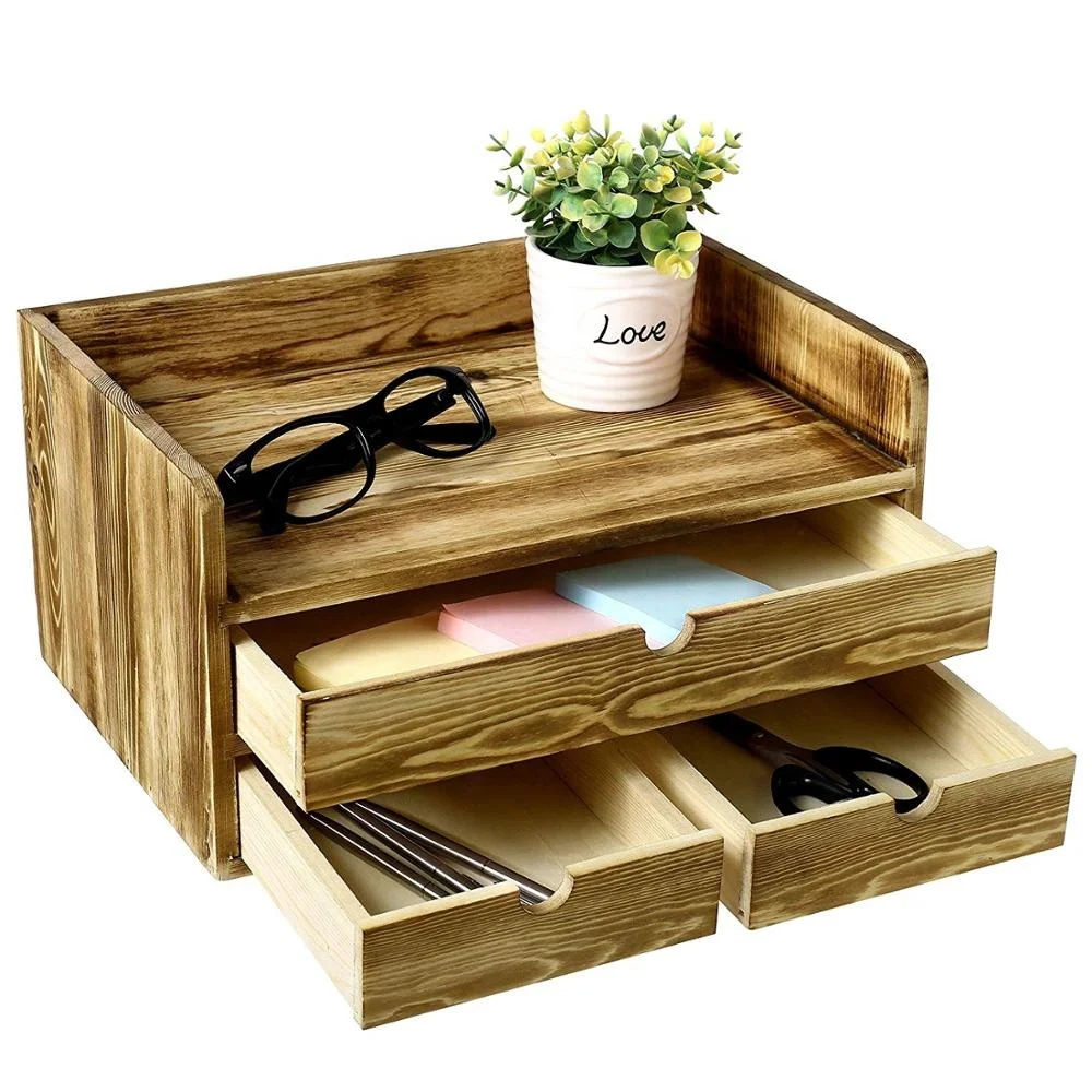 Torched Wooden Desktop Document & File Holder drawer storage cabinet with 3 Drawer
