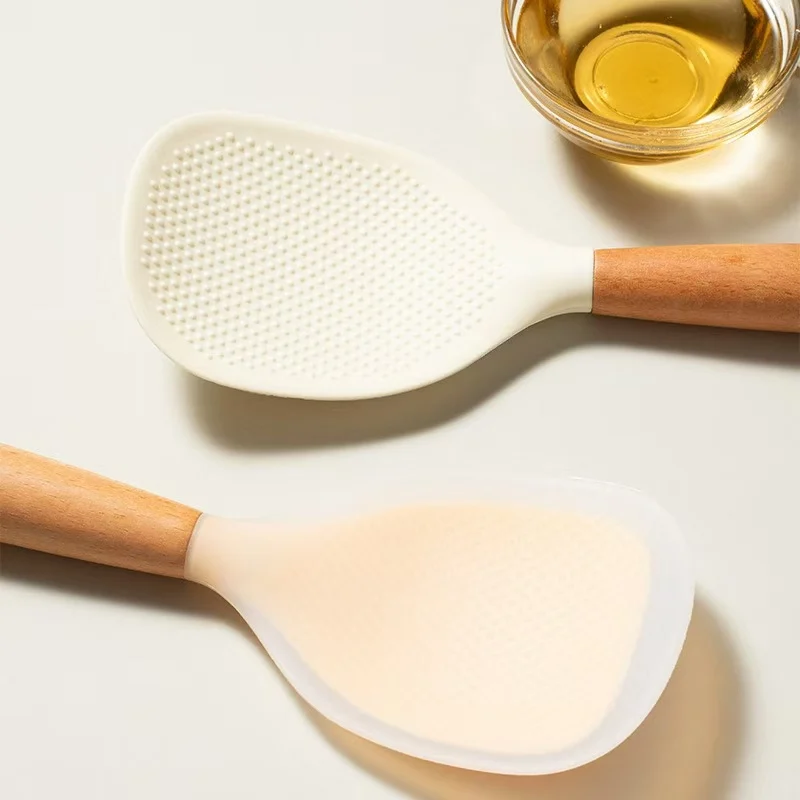 2 Pcs Wooden Handle Silicon Rice Paddle Non Stick Standing Rice Spoon Scooper Spatula Heat Resistant Rice Cooker Spoon White