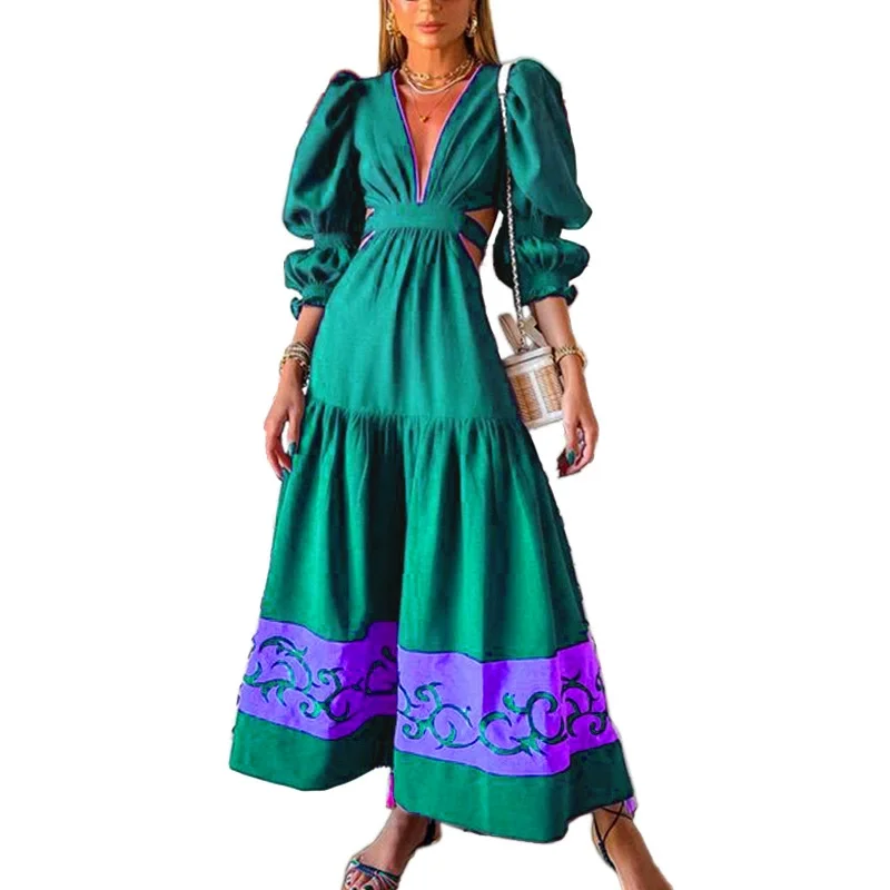 J&H 2022 new fashion hollow out maxi dress ladies designed sleeve halter boho dress summer elegance long dress