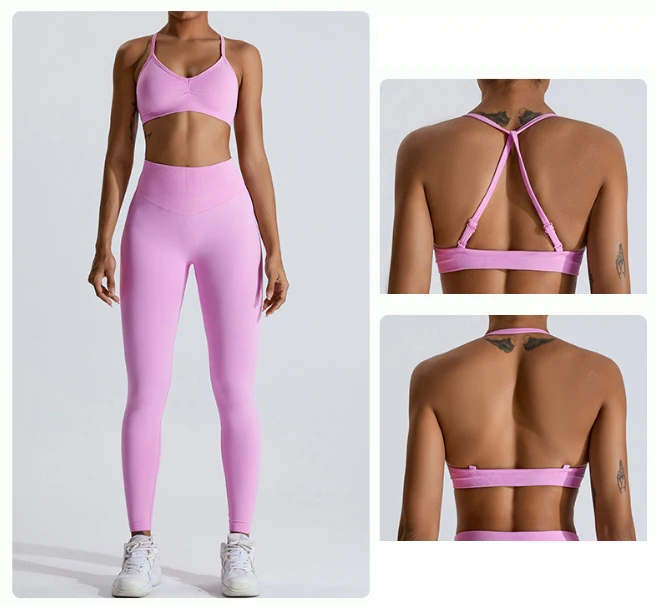 Women Seamless Workout Sets Active Wear Strappy Sports Bra High Waist Booty Legging Outfits 2 Piece Set Gym Fitness Yoga Set