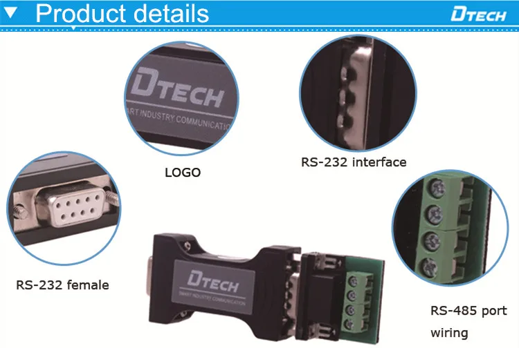 DTECH OEM Industrial Grade RS232 to RS485 300-115.2KBPS DB9 Connector Metal Industry Converter Adapter