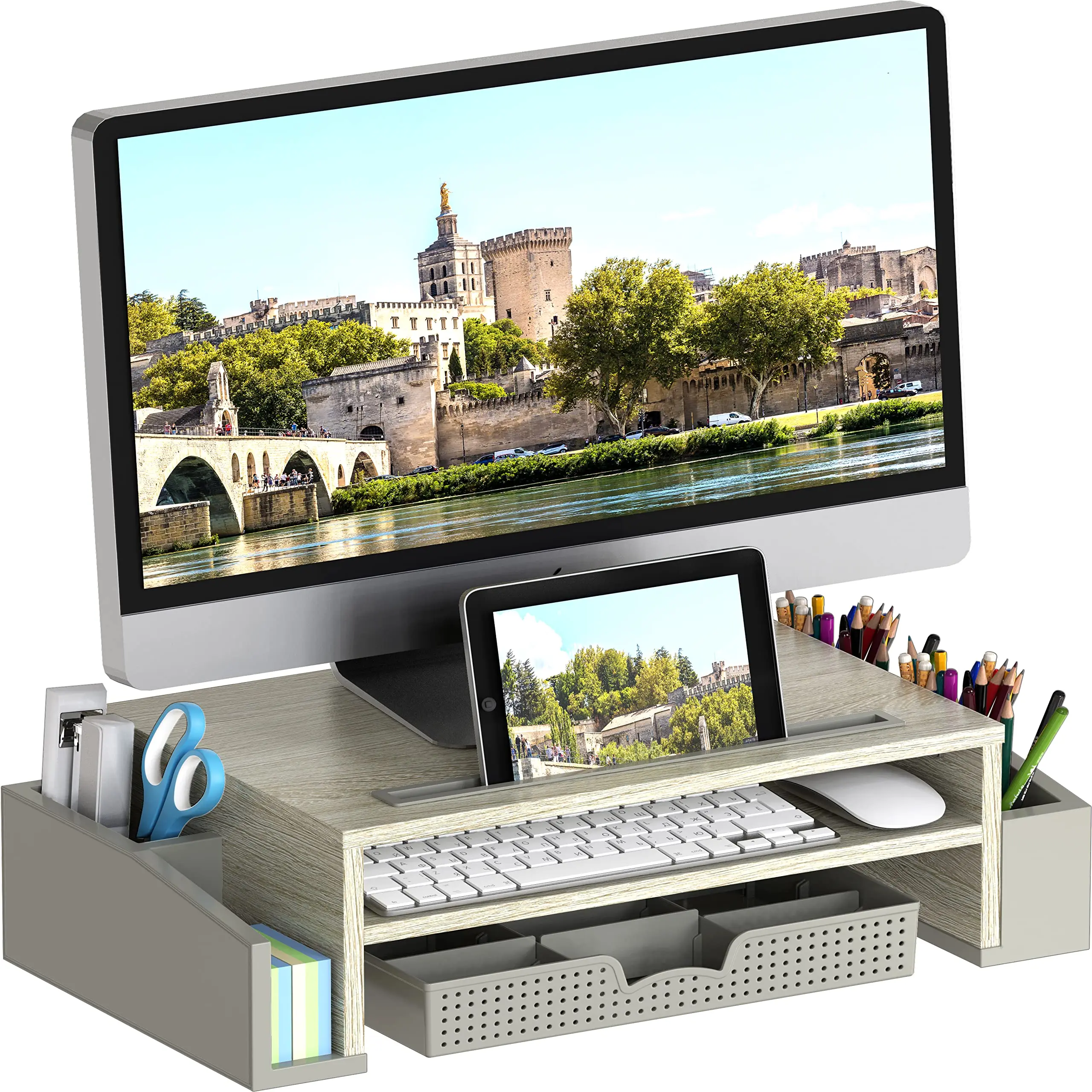 Sturdy Desk Shelf Pc Stand Wood Riser Laptop Printer Computer Lift Wood Utility Storage Box Office Organizer