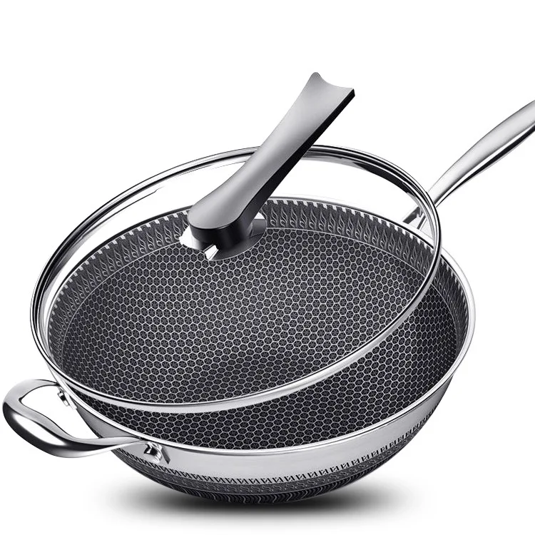 Customized Home Use Honeycomb Stainless Steel Non-stick Wok Kitchenware Cookware Fast Heating Wok