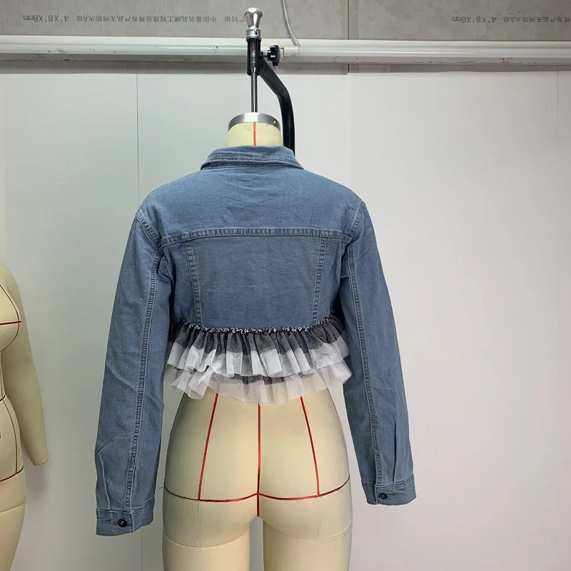 XLL 2021 s-3xl denim blue jeans outfits long sleeve creativity cake mesh slim fitted winter fall crop patchwork jacket women