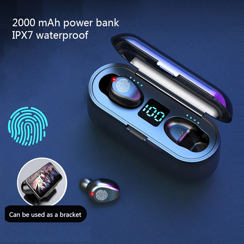 F9 bluetooth earphone power bank TWS Bluetooth headphone LED Display With 2000mah PowerBanks Headset With Microphone