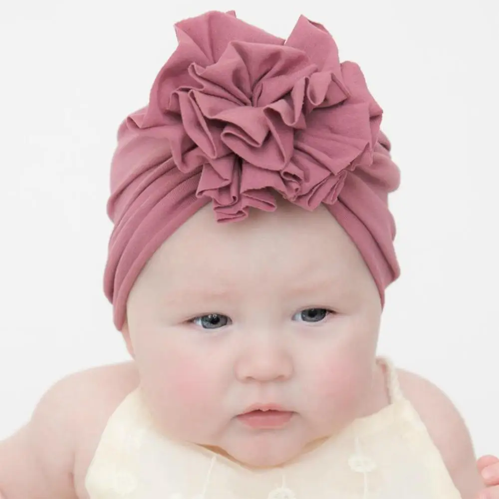 Hot selling olid Nursery Hospital baby turban hat knot hair band big flower baby headband elastic Headwraps for Baby