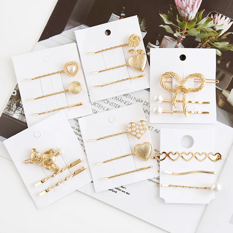 Lovely Metal Combination Korean Temperament Joker Bow Bear Heart Shape Pearl Female Bangs Clip