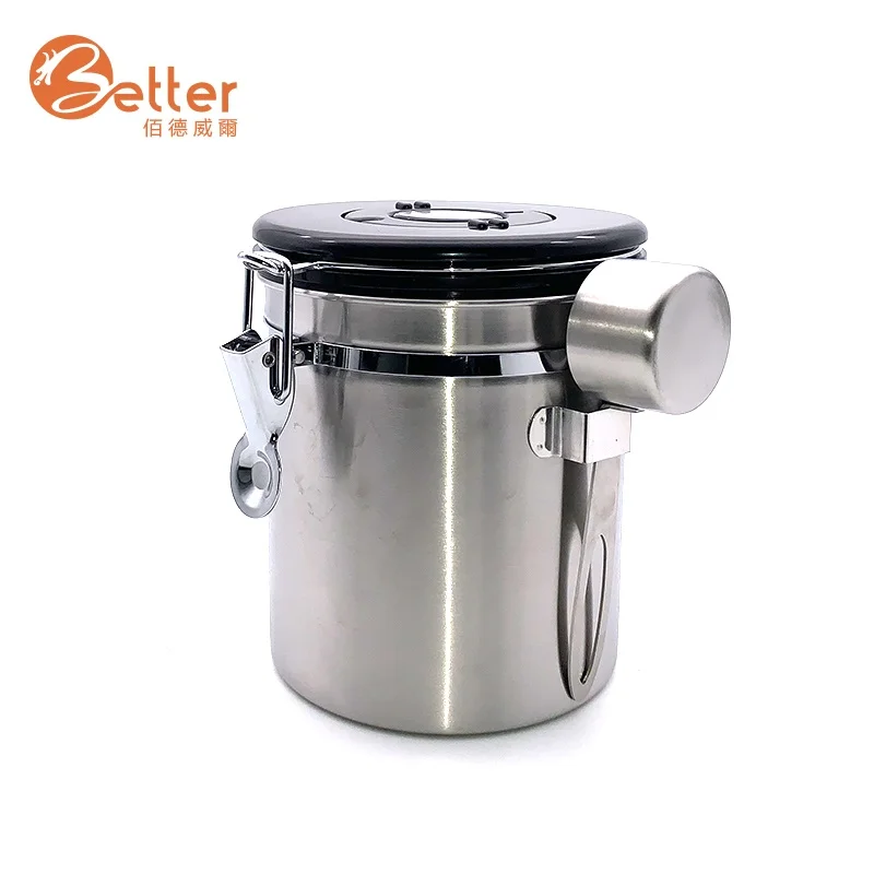 Airtight Metal Stainless Steel Kitchen Container Tea Sugar Coffee Bean Storage Canister Set with Scoop CO2 Valve Lid