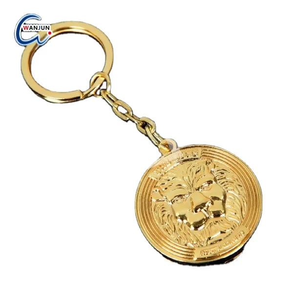 custom gilded lion head round shape gold keychain