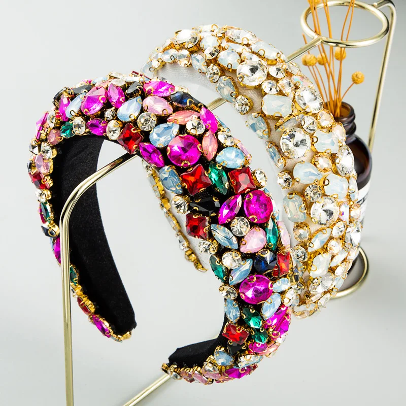 
Dvacaman 2020 Fashion Designer Banquet Luxury Colorful Rhinestone Bling Sponge Wide Headband for Women 