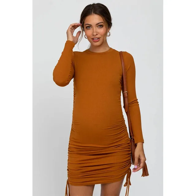 Ribbed Jersey Drawstring Side Maternity Dress Wholesale Maternity Clothes