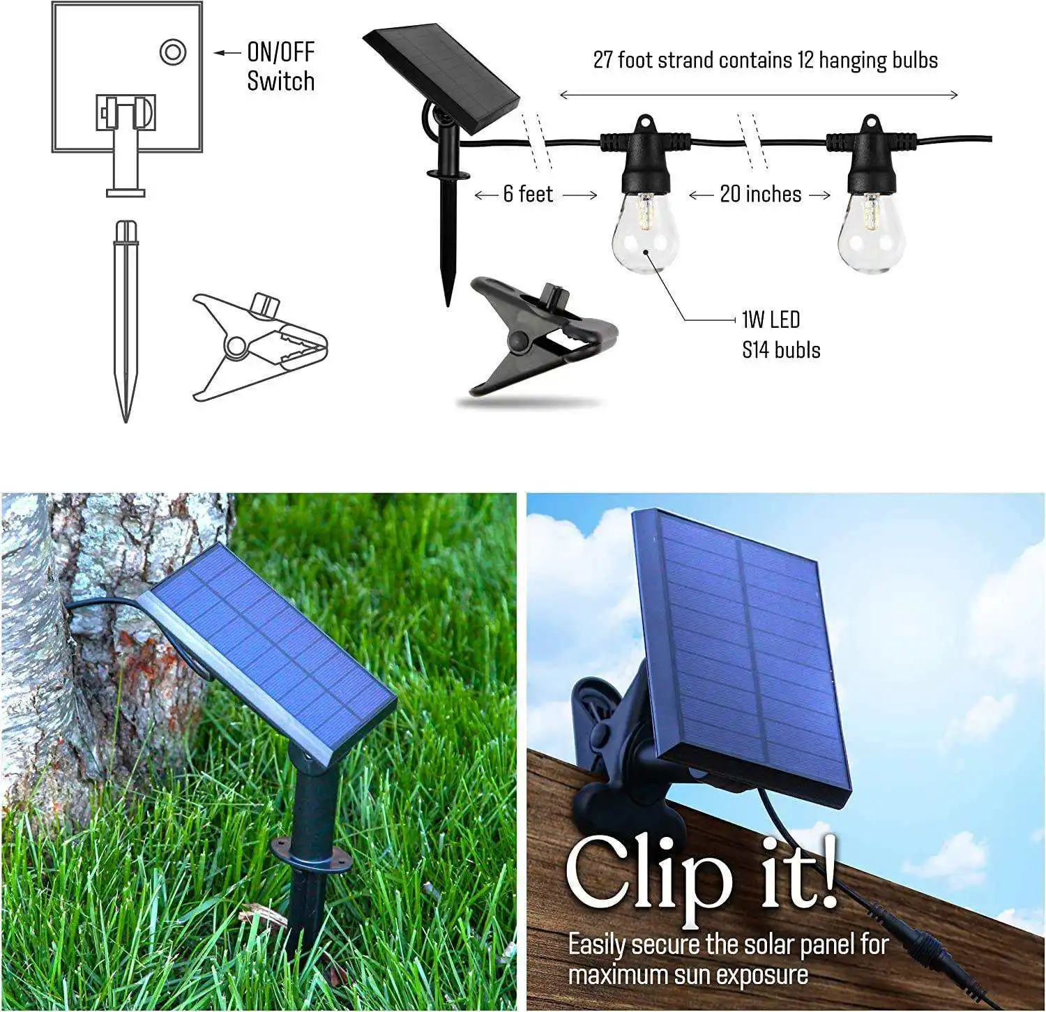 Vertak outdoor 2200mAh battery s14 string light heavy duty easy secure 3.7V solar string lights