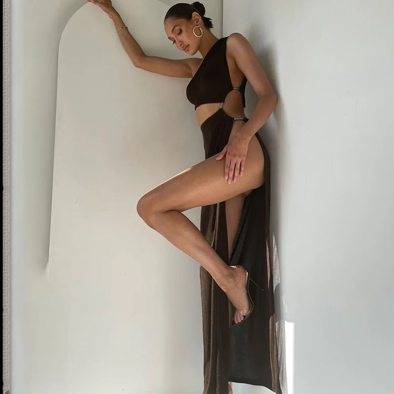 2022 fashion white/black elegant sexy one shoulder hollow out high slit maxi dress romantic style for women