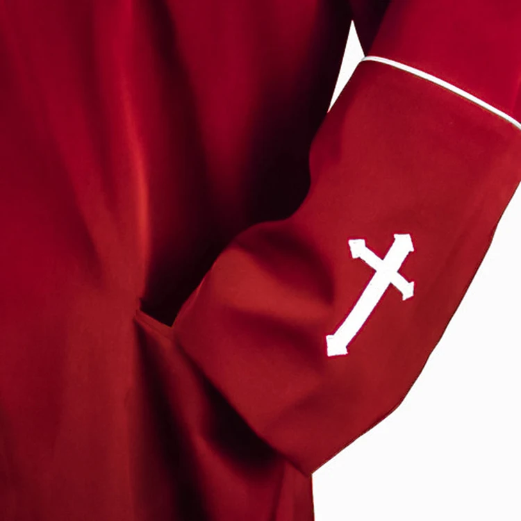 Standing collar church choir uniform Men red pocket single breasted adult clergy cassock with cross logo