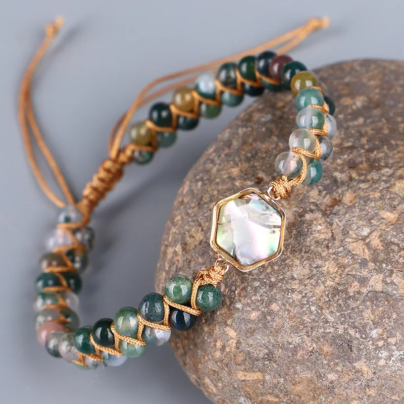 Bohemian Vintage Hand Woven 4mm Indian Agate Beaded Bracelet For Women Natural Stone Entangled Adjustable Rope Yoga Bracelet