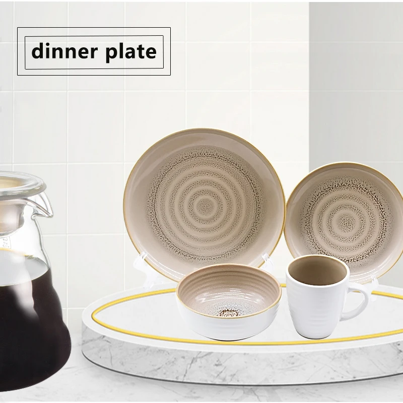Wholesale luxury hand print dinner wares kitchen 16 pcs ceramic flamed glazed color tableware set