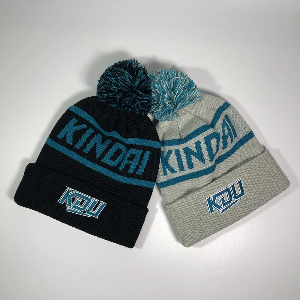 High Quality Football Jacquard Embroidery logo Pom Pom Beanie Custom Character Knitted Winter Hats Unisex Warm Skull Ski Cap
