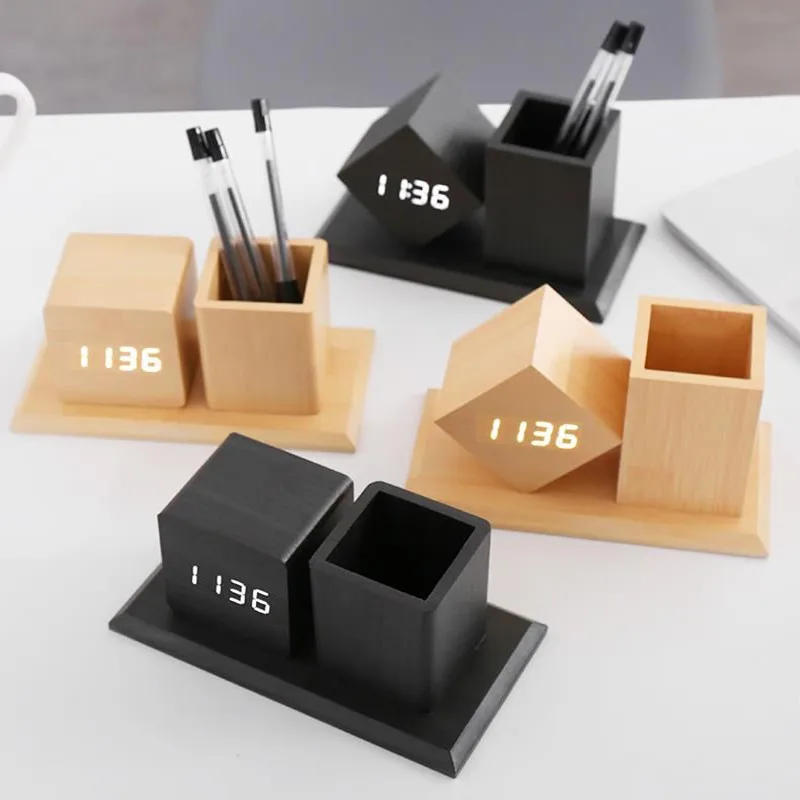 Amazon Promotion Gifts Office Desk Table Organizer alarm Clock Wooden Pen Stand with Digital Touch LED Clock Wood Pen Holder
