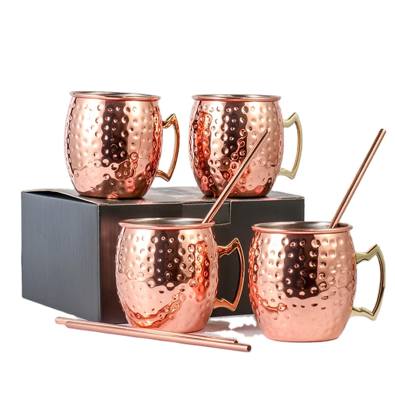 Набор медных кружек из 4 стакана Moscow Mule с соломой