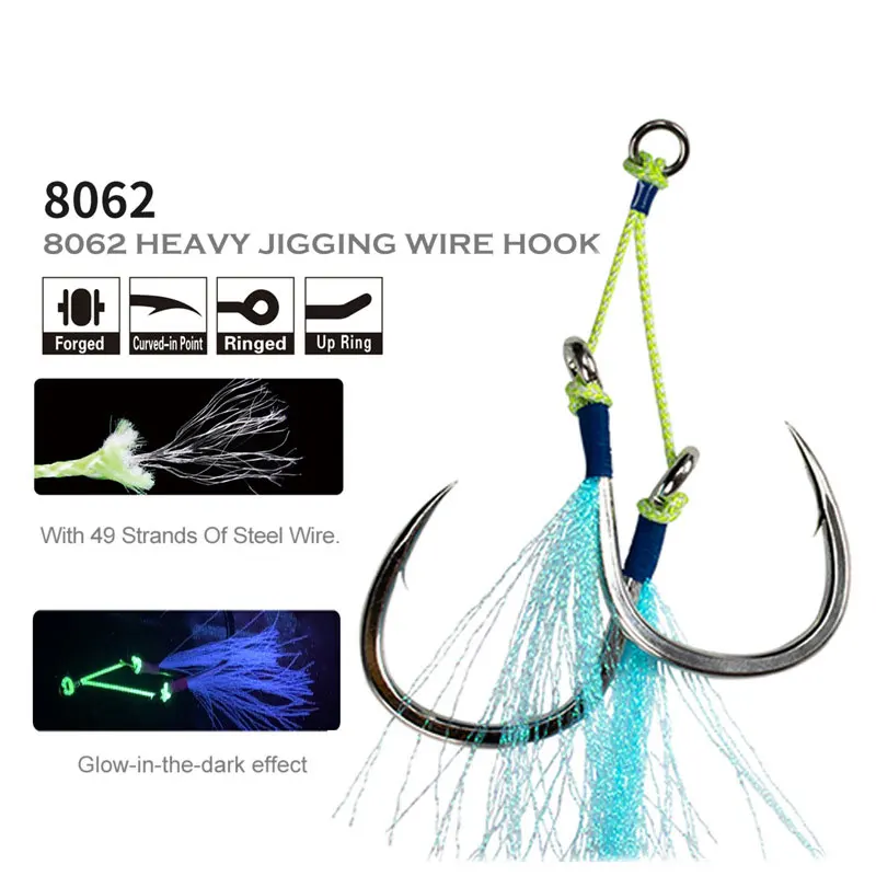 Wholesale Bulk BKK 8062 Jigging Assist Hooks Glow Silk 1/0-7/0 Deep Sea Fishing Hooks for Tuna Catfish Bass Trout Pike Cod