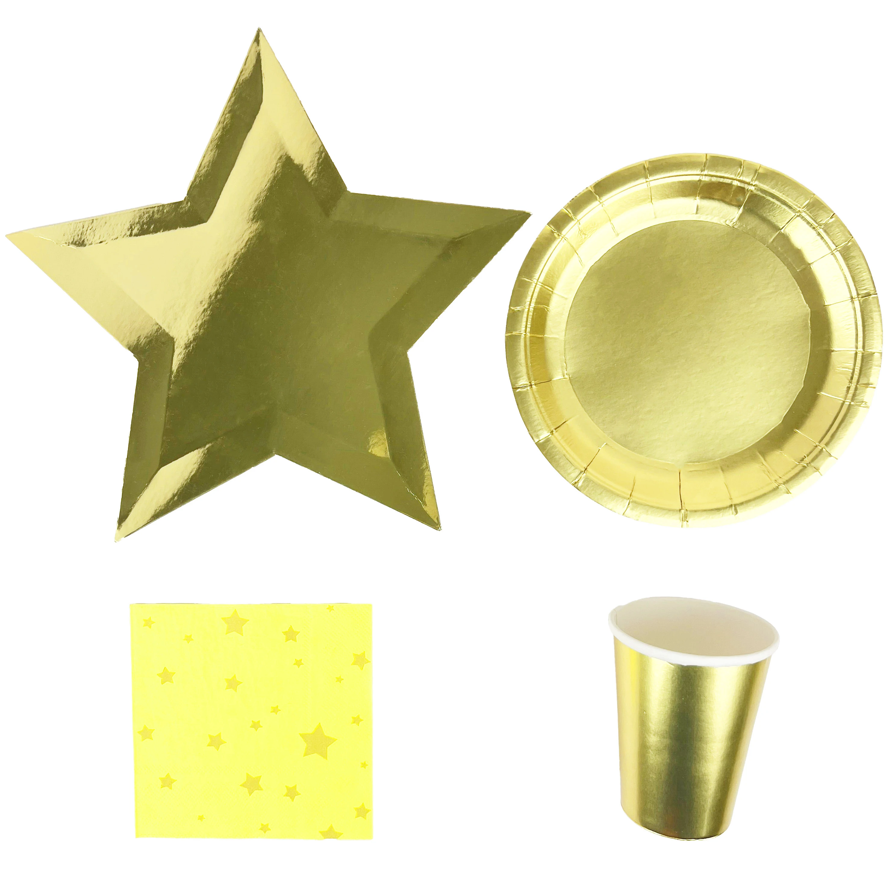 Gold Theme 7 inches Round Flat Plates 11 inches Pentagram Shape Plates Hot Stamping Spot Disposable Paper Tableware Set