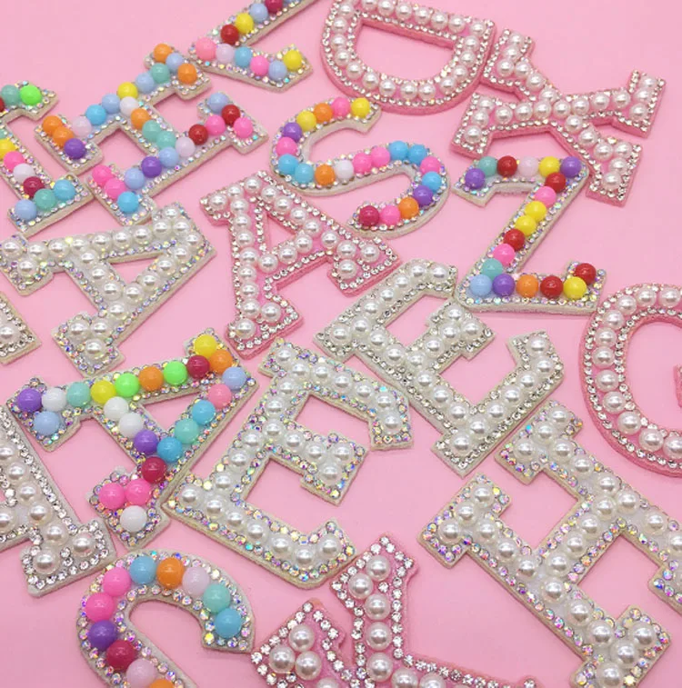 Hot Sale 26 Alphabet Pearl Rhinestone letters Ironing On Patches Applique 3d Diy Pearl Patches Cute Letter Patches
