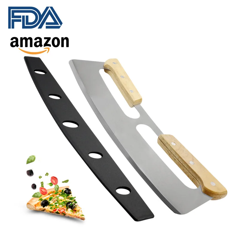 New Double Handle Pizza Knife with PP Protective Cover Easy Operate Half Pizza Tool with Wooden Handle
