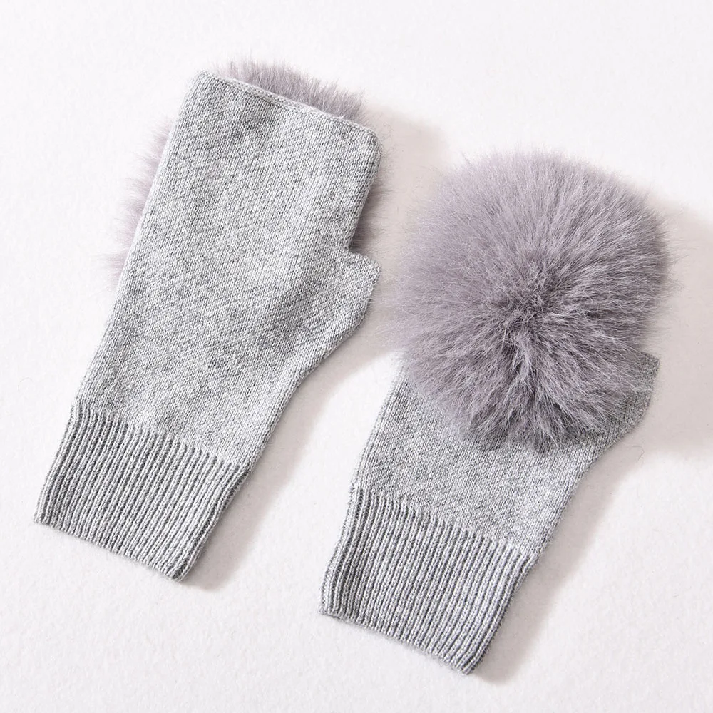 Wholesale Luxury Outdoor Ski Soild Color Half Fingers Gloves Faux Fur Stretch Plain Women Custom Fingerless Knit Wool Gloves