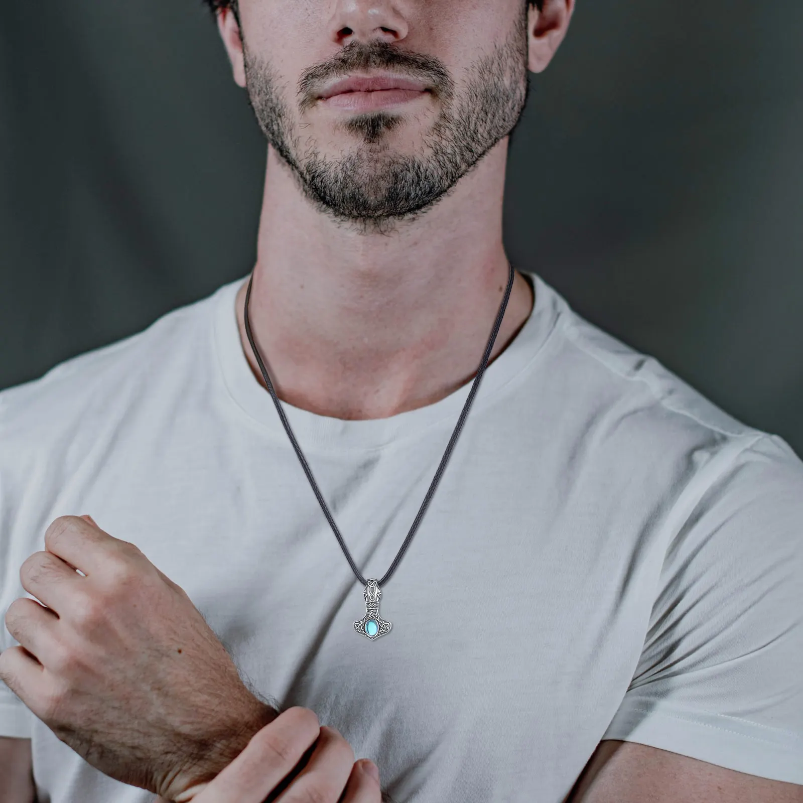 Changda 925 sterling silver noridc jewelry moonstone viking thor hammered hammer pendant necklace