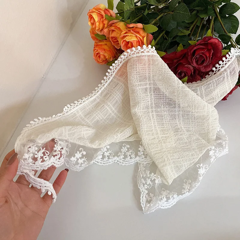 French Embroidery Flowers Beige Head Wrap Bandannas Silk Triangle Scarf Headband Lace Hair Band Headscarf