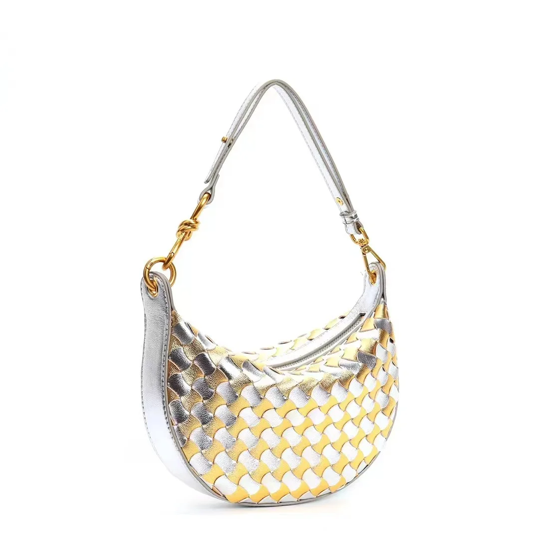 Cowhide Woven Shoulder Bags Lady Purse Handbags Summer Women Saddle Colored Versatile Underarm Crescent Single Straddle